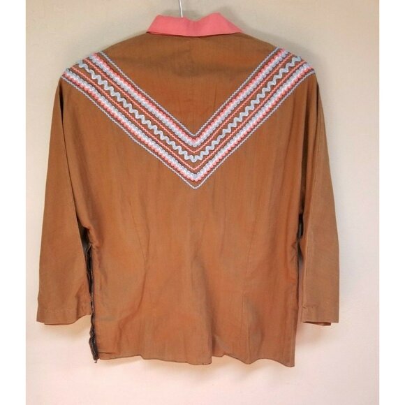 Festival Fashions Womens Collared Top Long Sleeves Side Zipper V-Neck Lace Brown - Picture 2 of 6